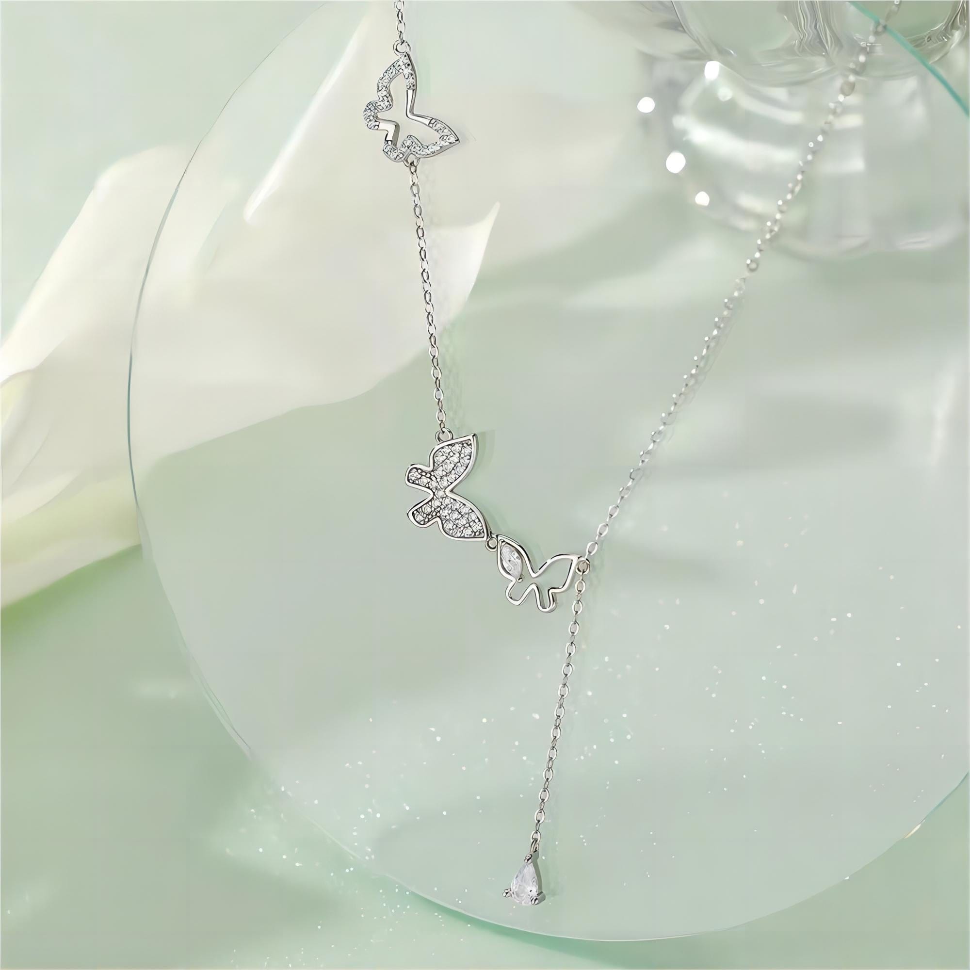 Dainty CZ Inlaid Hollowed-out Trio Butterfly Necklace