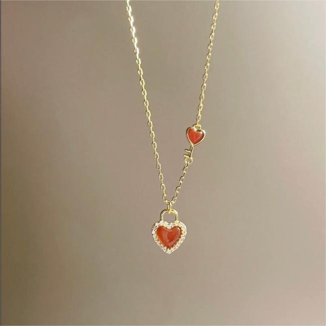 Dainty CZ Inlaid Lock And Key Heart Necklace