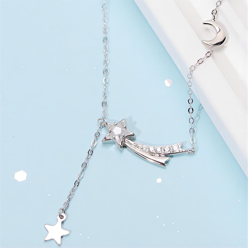 Dainty CZ Inlaid Meteor Star Moon Phase Necklace