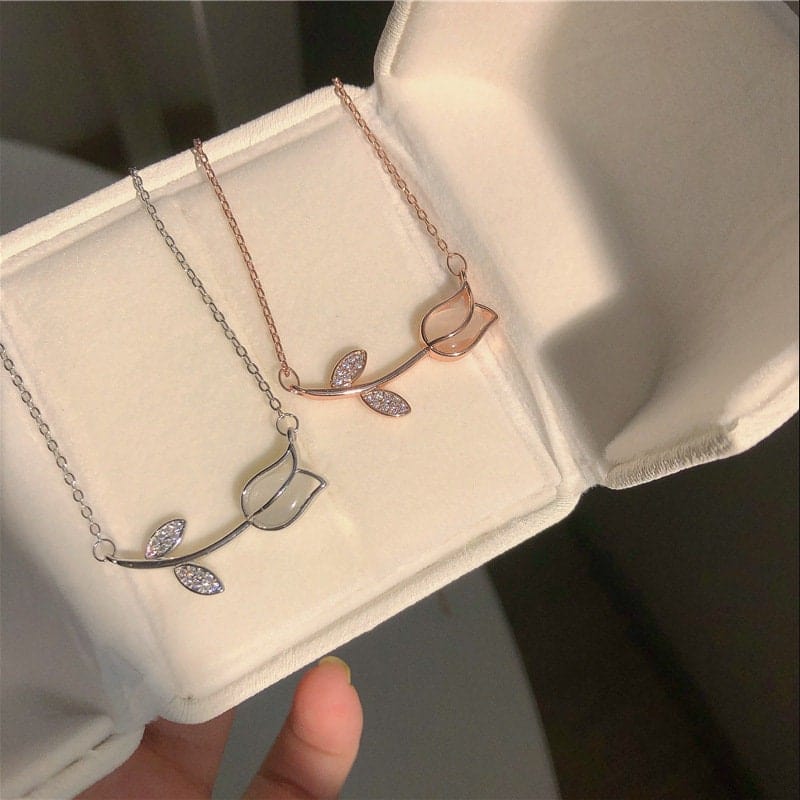 Dainty CZ Inlaid Natural Opal Tulip Chain Necklace