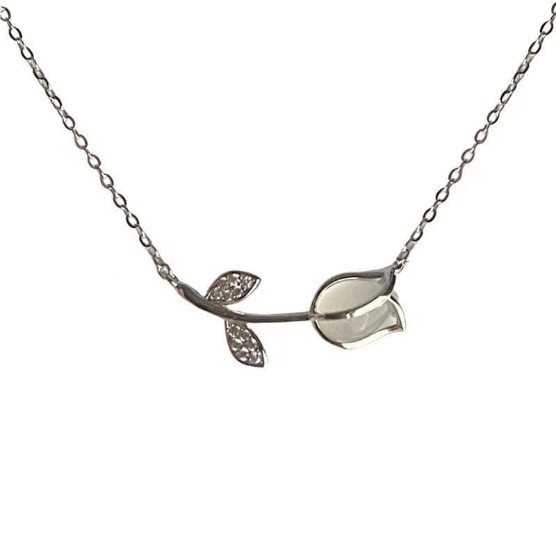 Dainty CZ Inlaid Natural Opal Tulip Chain Necklace
