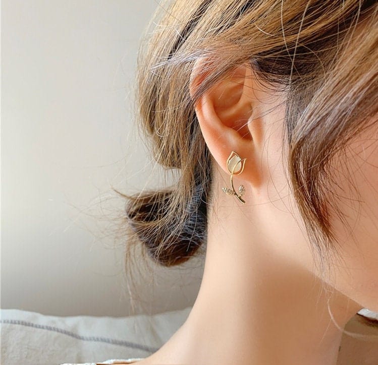Dainty CZ Inlaid Natural Opal Tulip Earrings