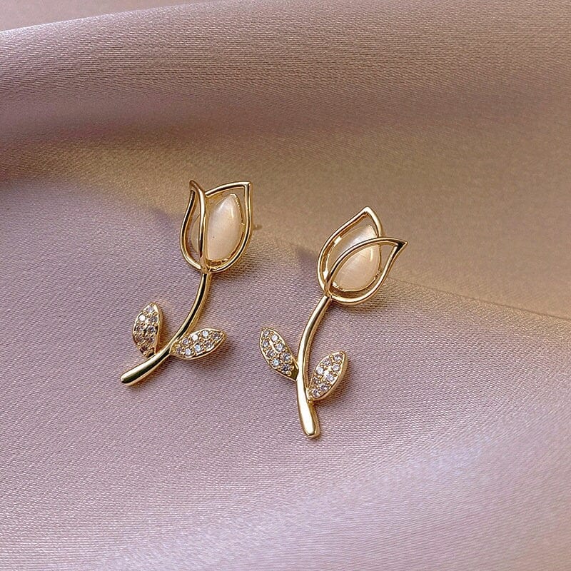 Dainty CZ Inlaid Natural Opal Tulip Earrings