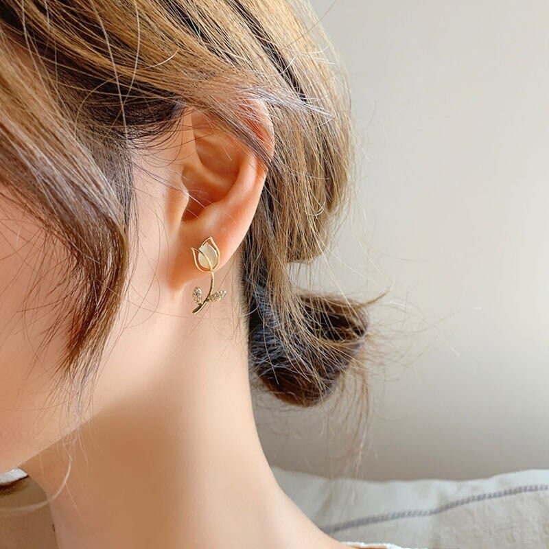 Dainty CZ Inlaid Natural Opal Tulip Earrings