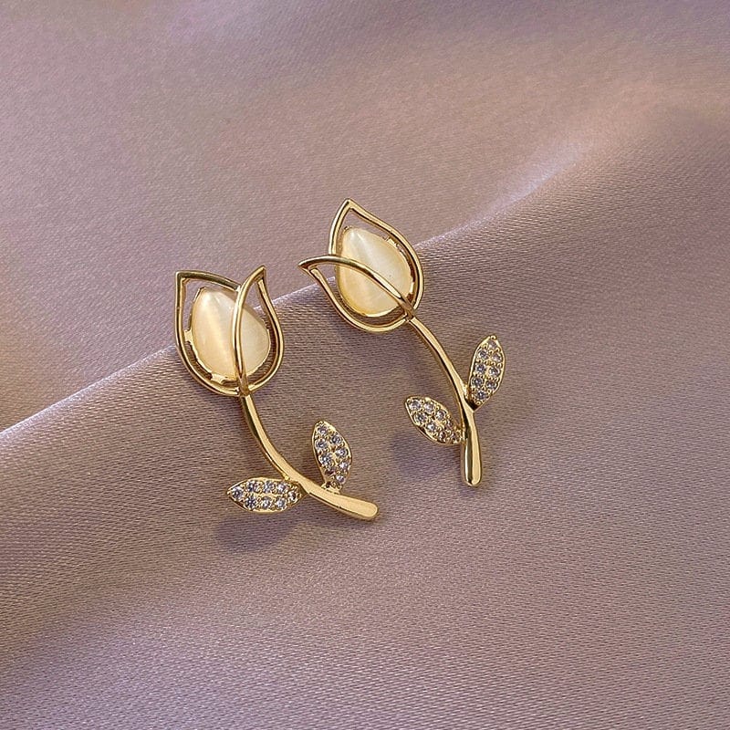 Dainty CZ Inlaid Natural Opal Tulip Earrings