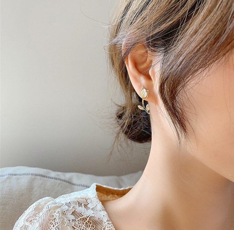 Dainty CZ Inlaid Natural Opal Tulip Earrings