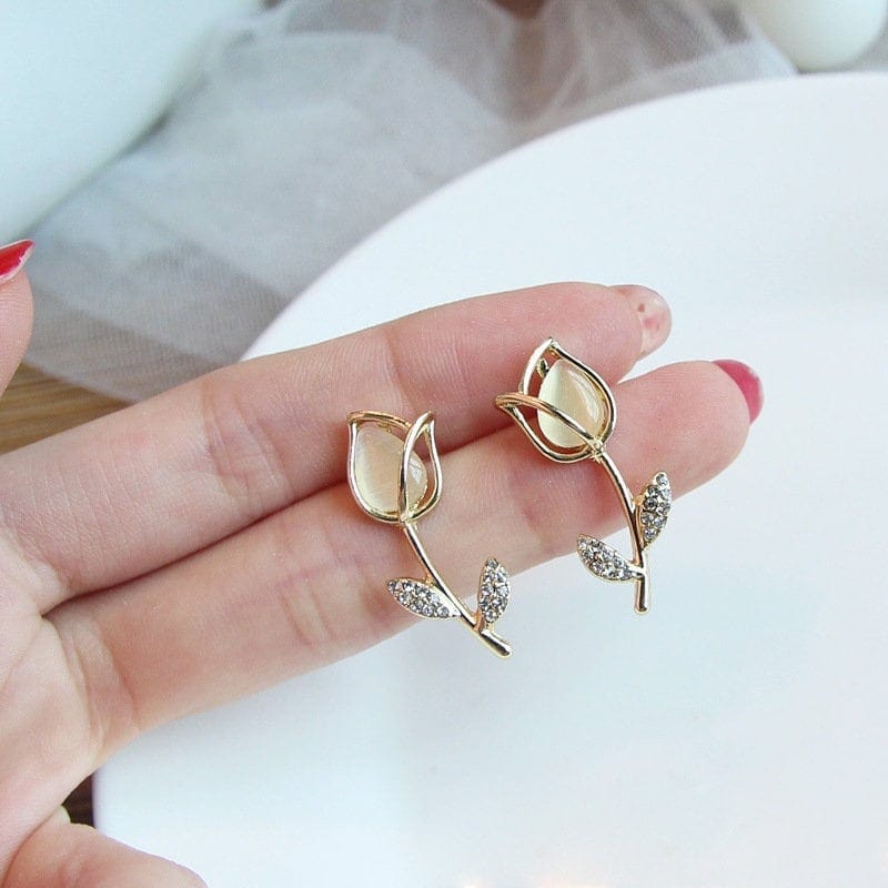 Dainty CZ Inlaid Natural Opal Tulip Earrings