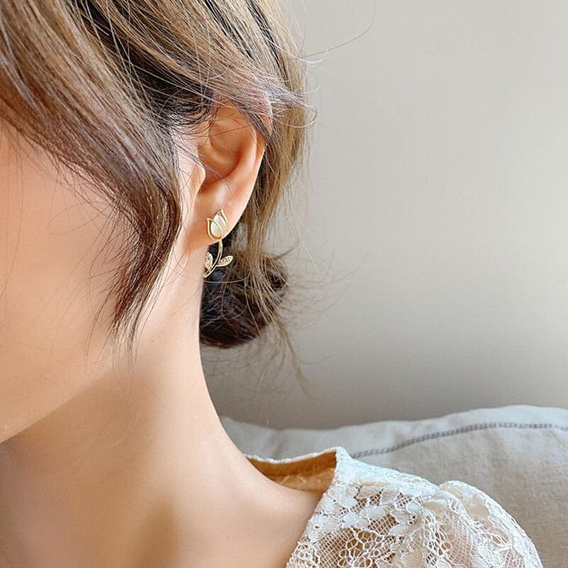 Dainty CZ Inlaid Natural Opal Tulip Earrings