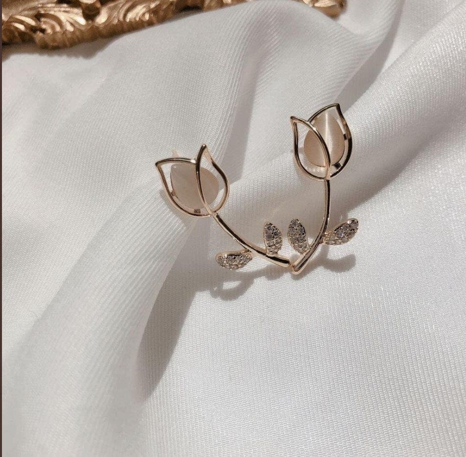 Dainty CZ Inlaid Natural Opal Tulip Earrings