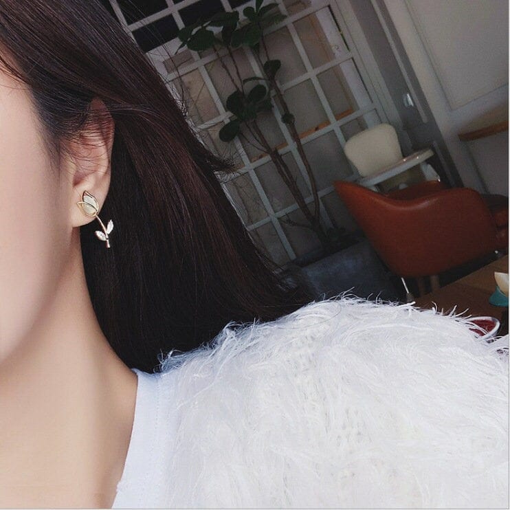 Dainty CZ Inlaid Natural Opal Tulip Earrings