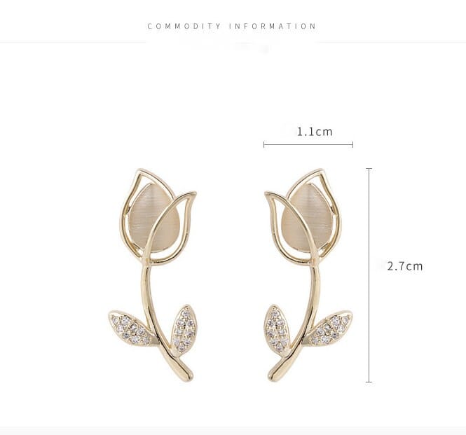 Dainty CZ Inlaid Natural Opal Tulip Earrings