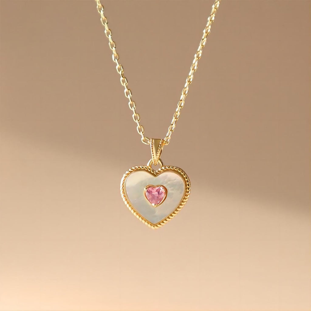 Dainty CZ Inlaid Natural Shell Heart Pendant Necklace