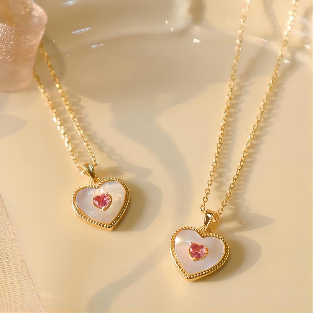 Dainty CZ Inlaid Natural Shell Heart Pendant Necklace