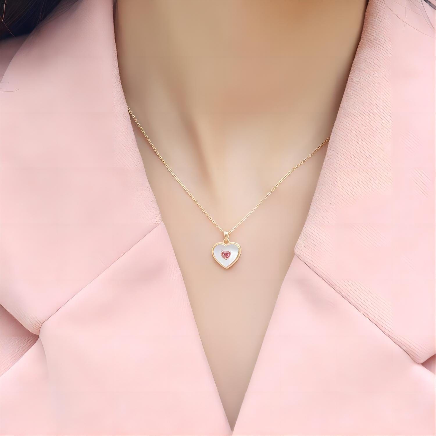 Dainty CZ Inlaid Natural Shell Heart Pendant Necklace