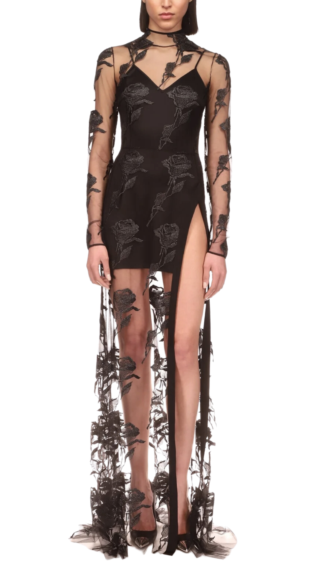David Koma Rose Macrame Slit Gown in Black